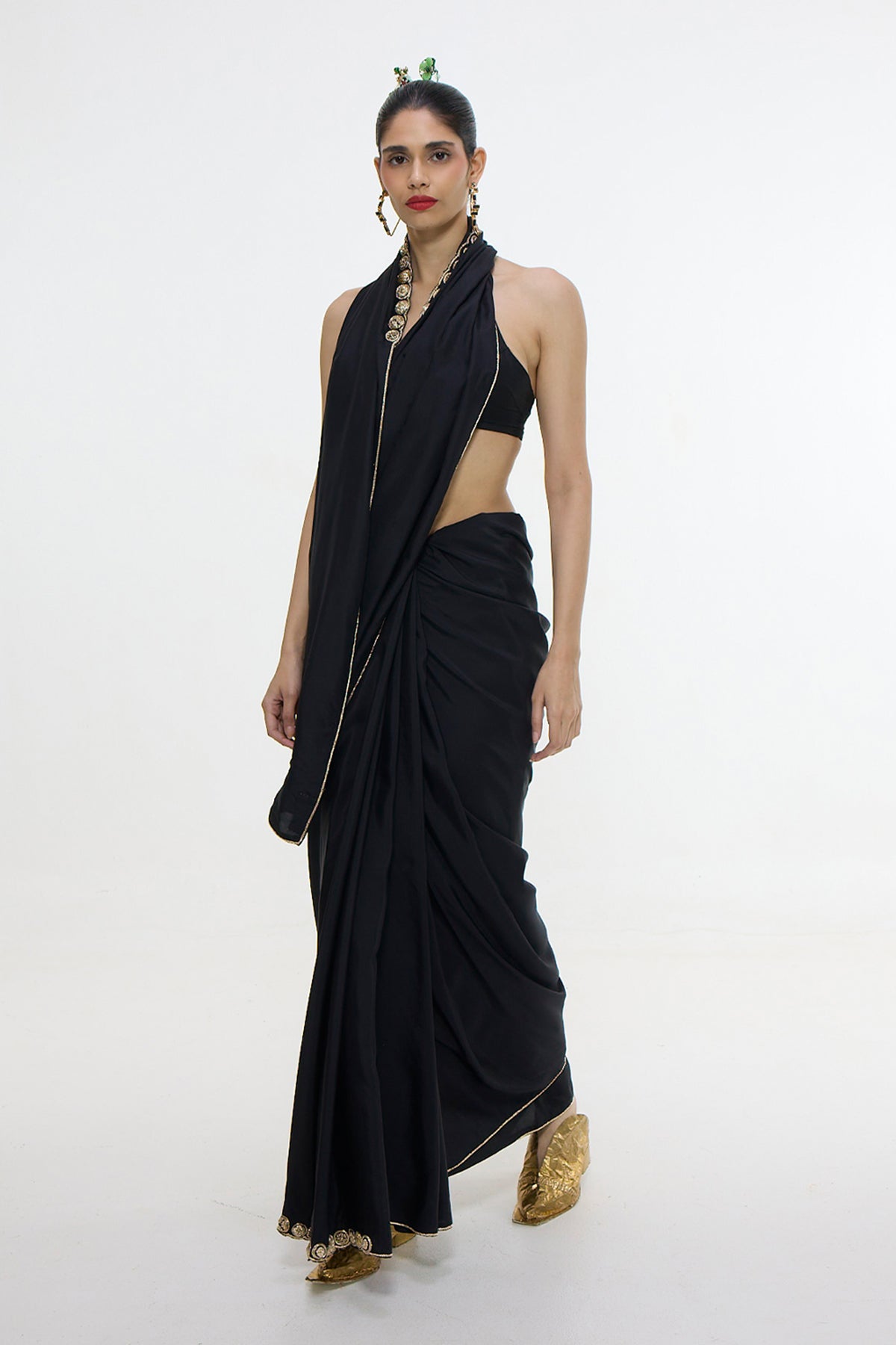 Handwoven Black Mashroo Silk Saree With Gold Button Detailing
