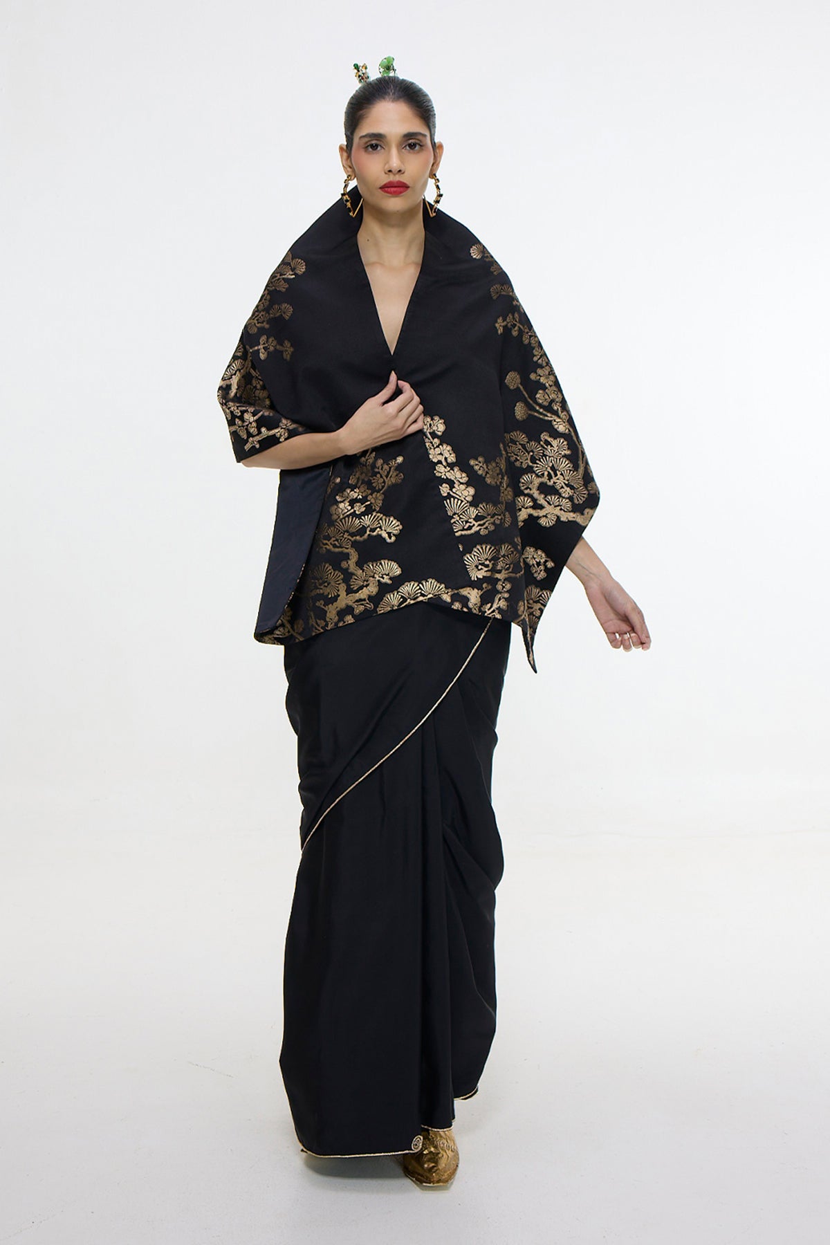 Handwoven Black Mashroo Silk Saree With Gold Button Detailing