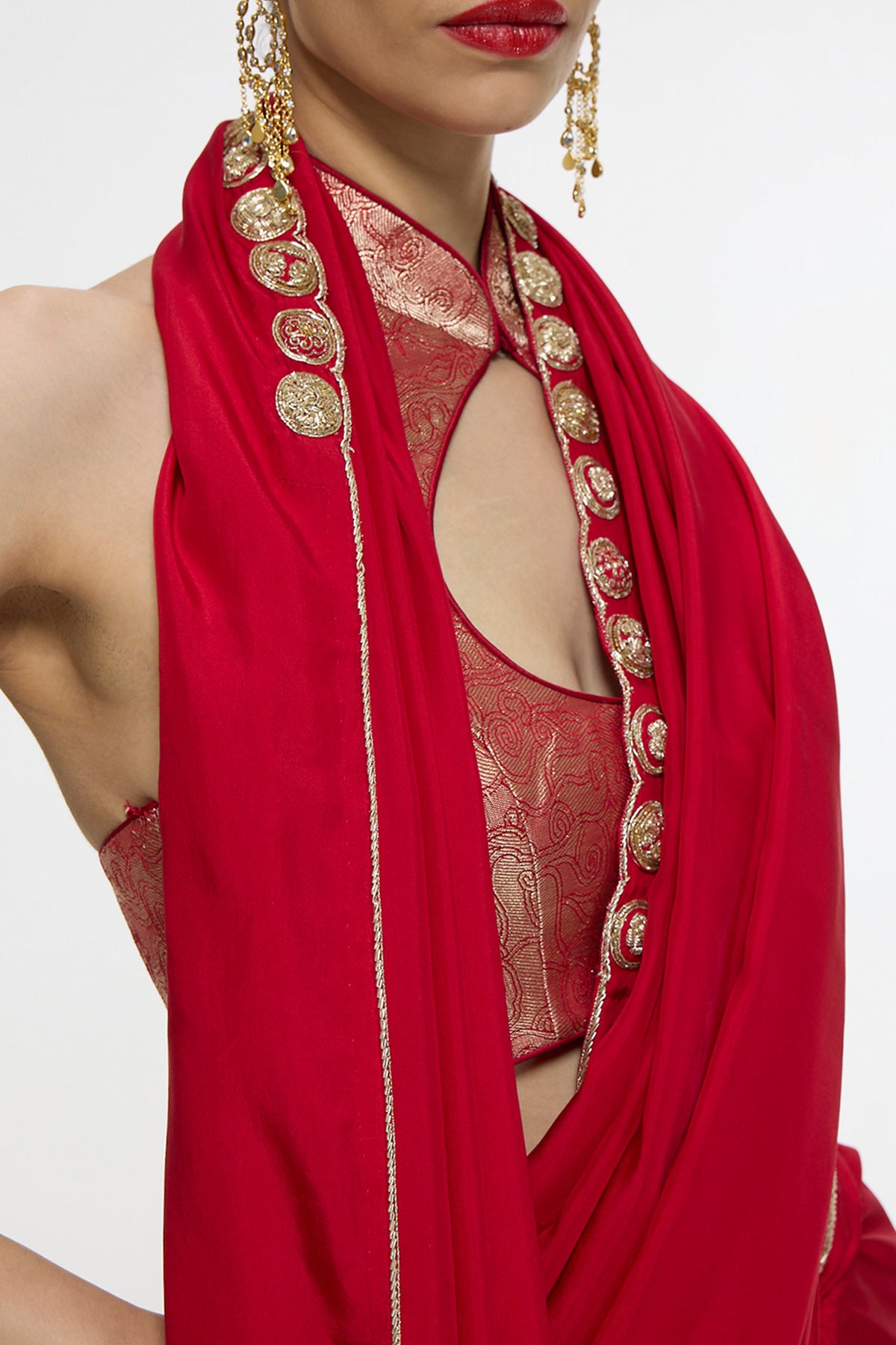 Handwoven Embroidered Vermillion Saree With Gold Button Detailing