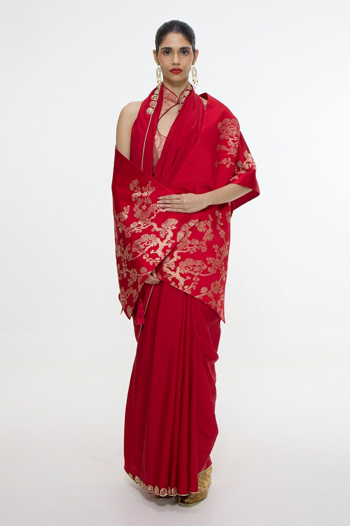 Handwoven Embroidered Vermillion Saree With Gold Button Detailing