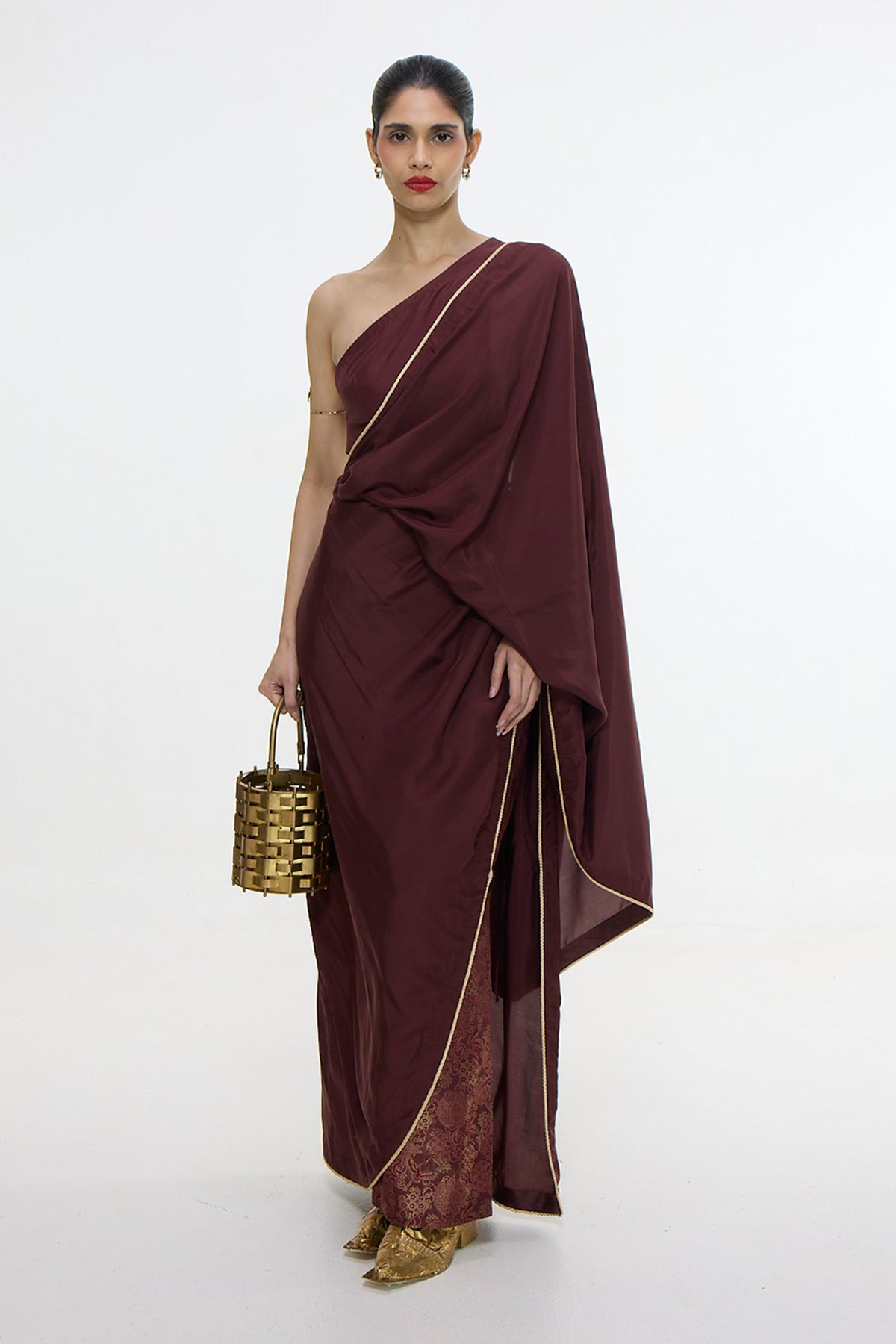 Pre Draped Handwoven Chestnut Mashroo Silk Saree