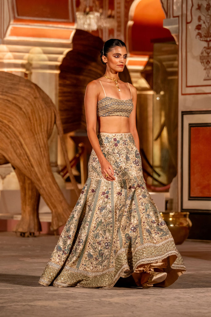 HARMONY OF THE FOREST EMBROIDERED ZARDOZI SKIRT SET - GOLD