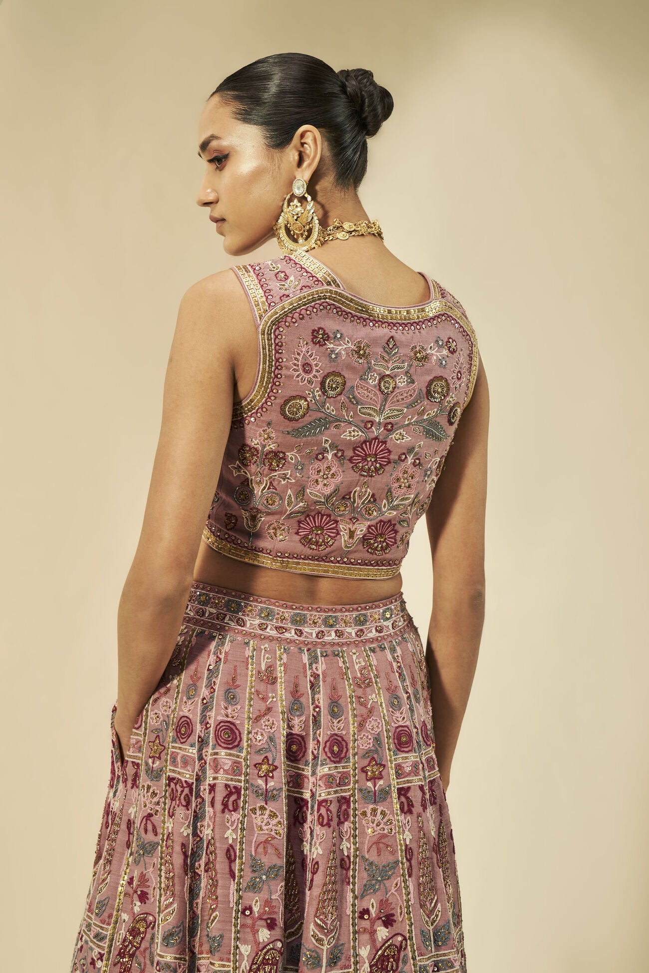 Kaadhal SEWA Hand-embroidered Silk Skirt Set - Old Rose