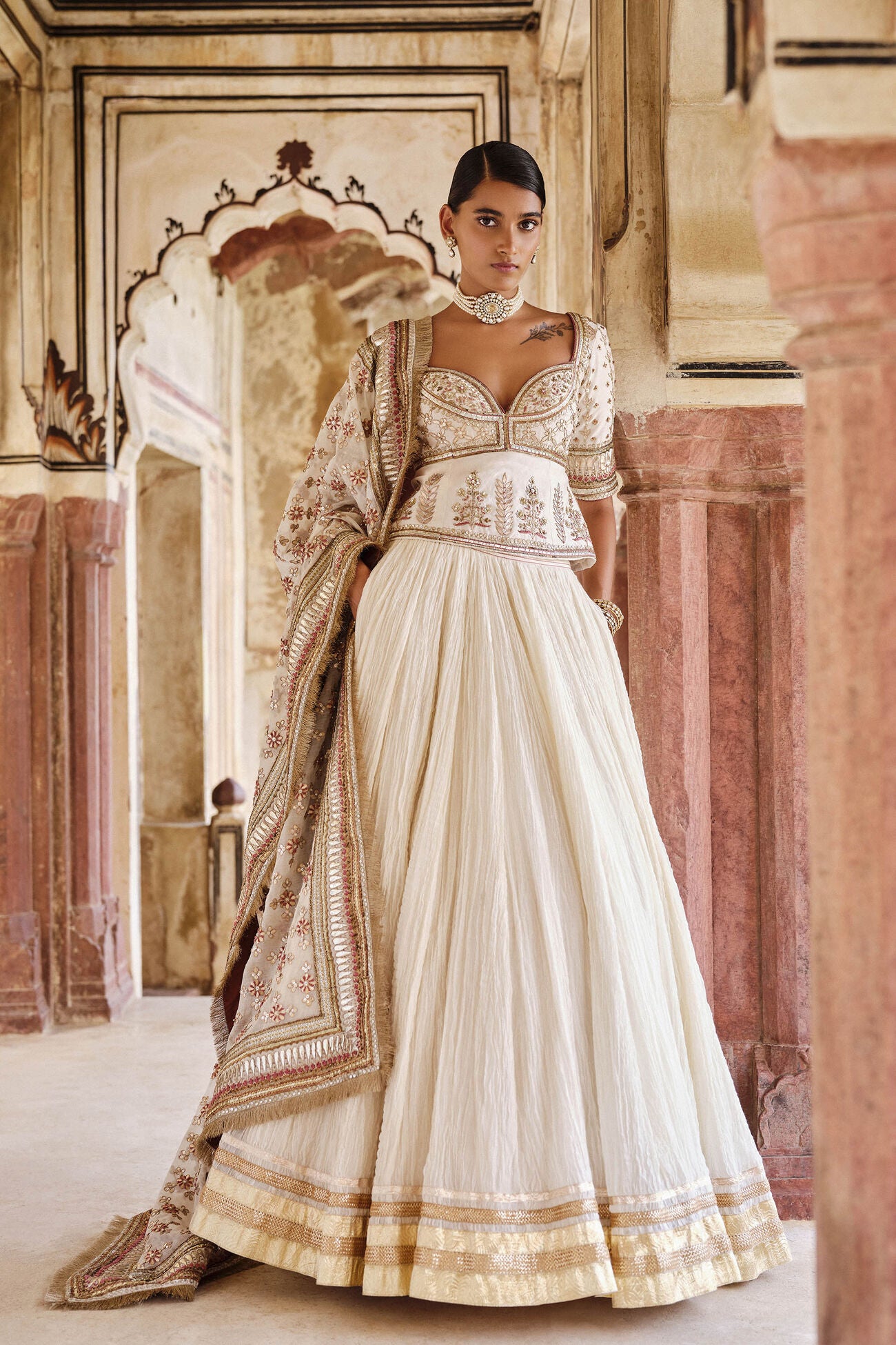 Amara Gota Patti Mul Lehenga Set - Natural