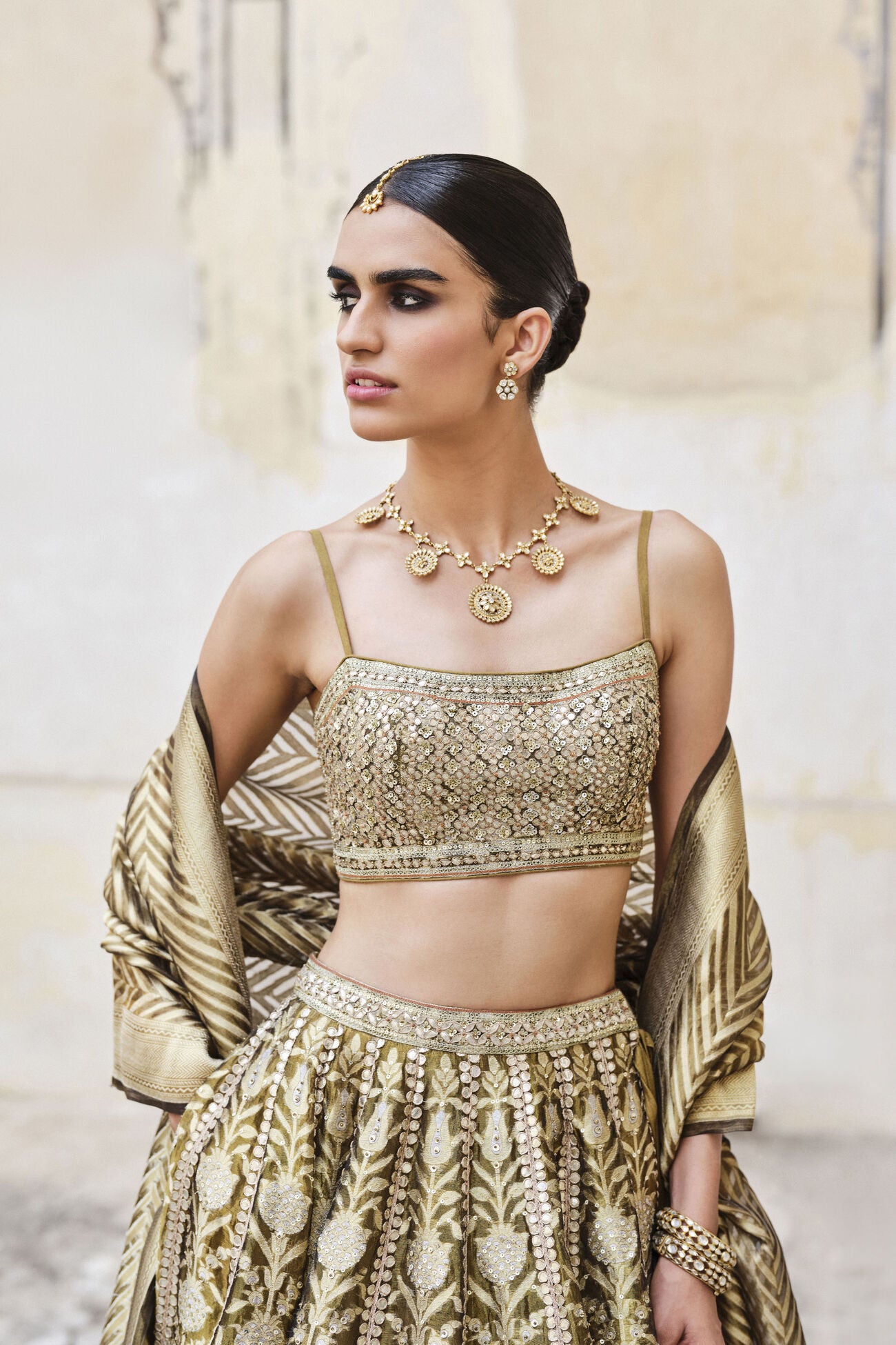Adveka Handwoven Benarasi Silk Lehenga Set - Olive