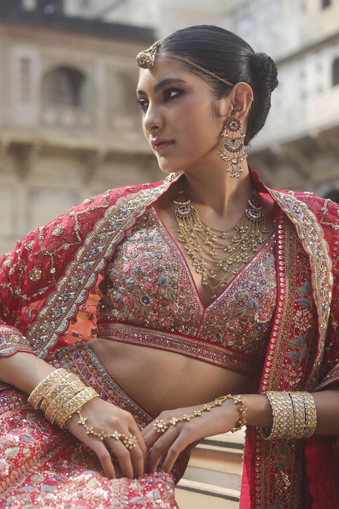 Adhyavi Embroidered Zardozi Silk Lehenga Set - Red