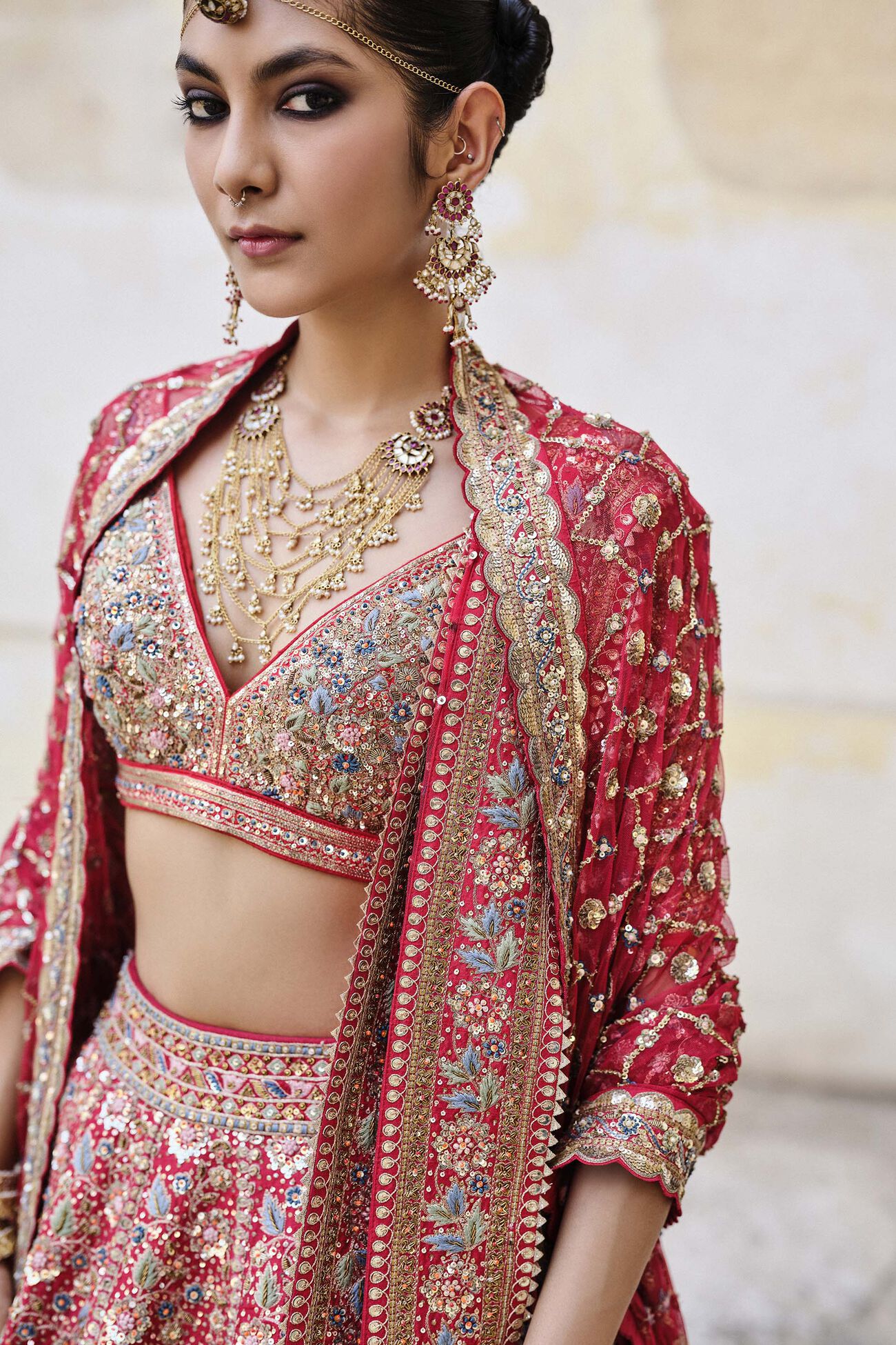 Adhyavi Embroidered Zardozi Silk Lehenga Set - Red