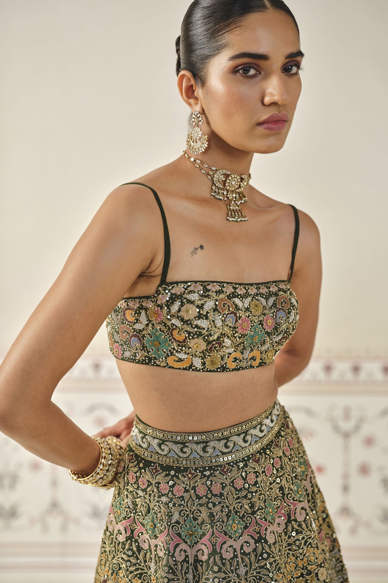 Yiska Embroidered Silk Lehenga Set - Green