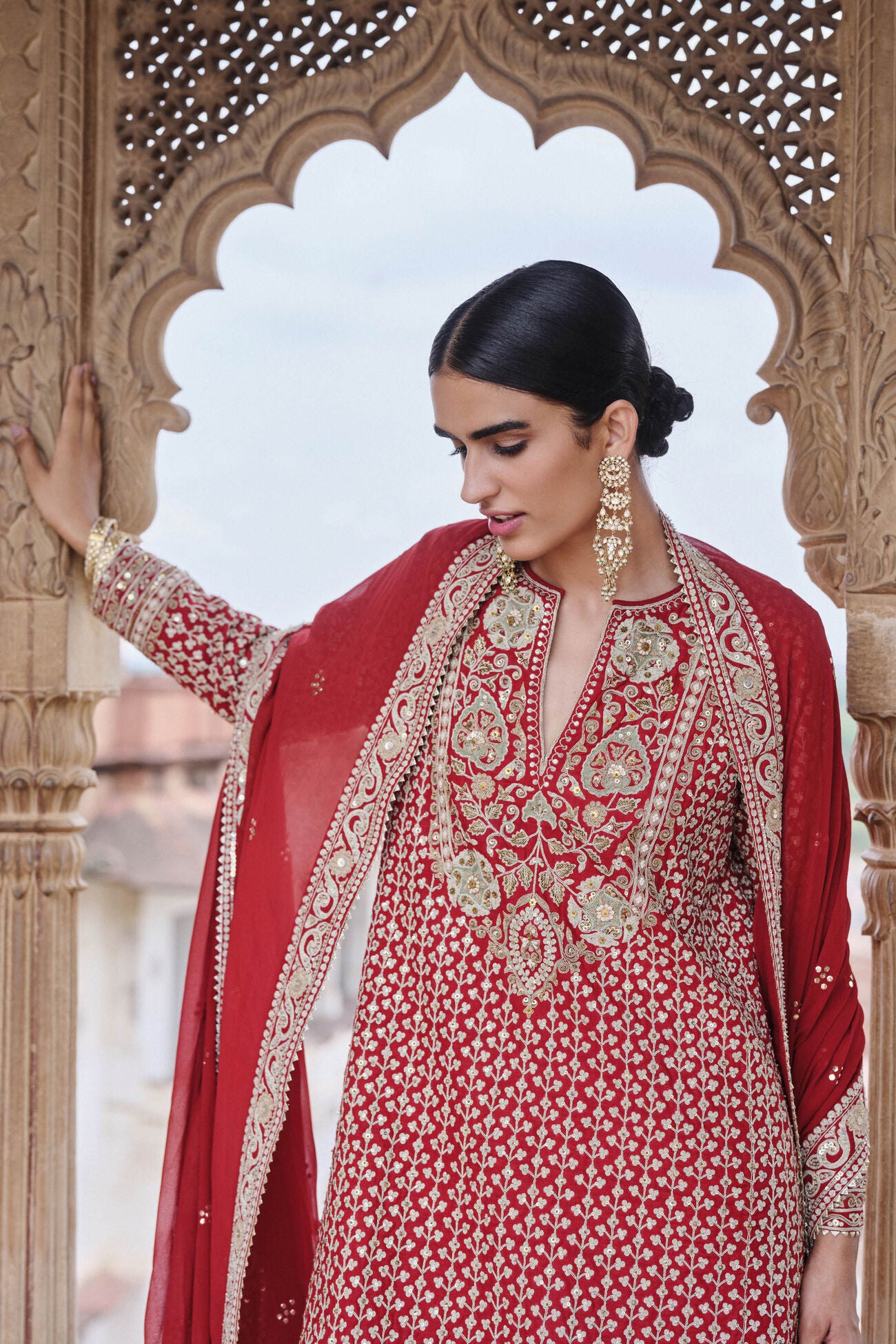 Mehkash Embroidered Cord Silk Suit Set - Red