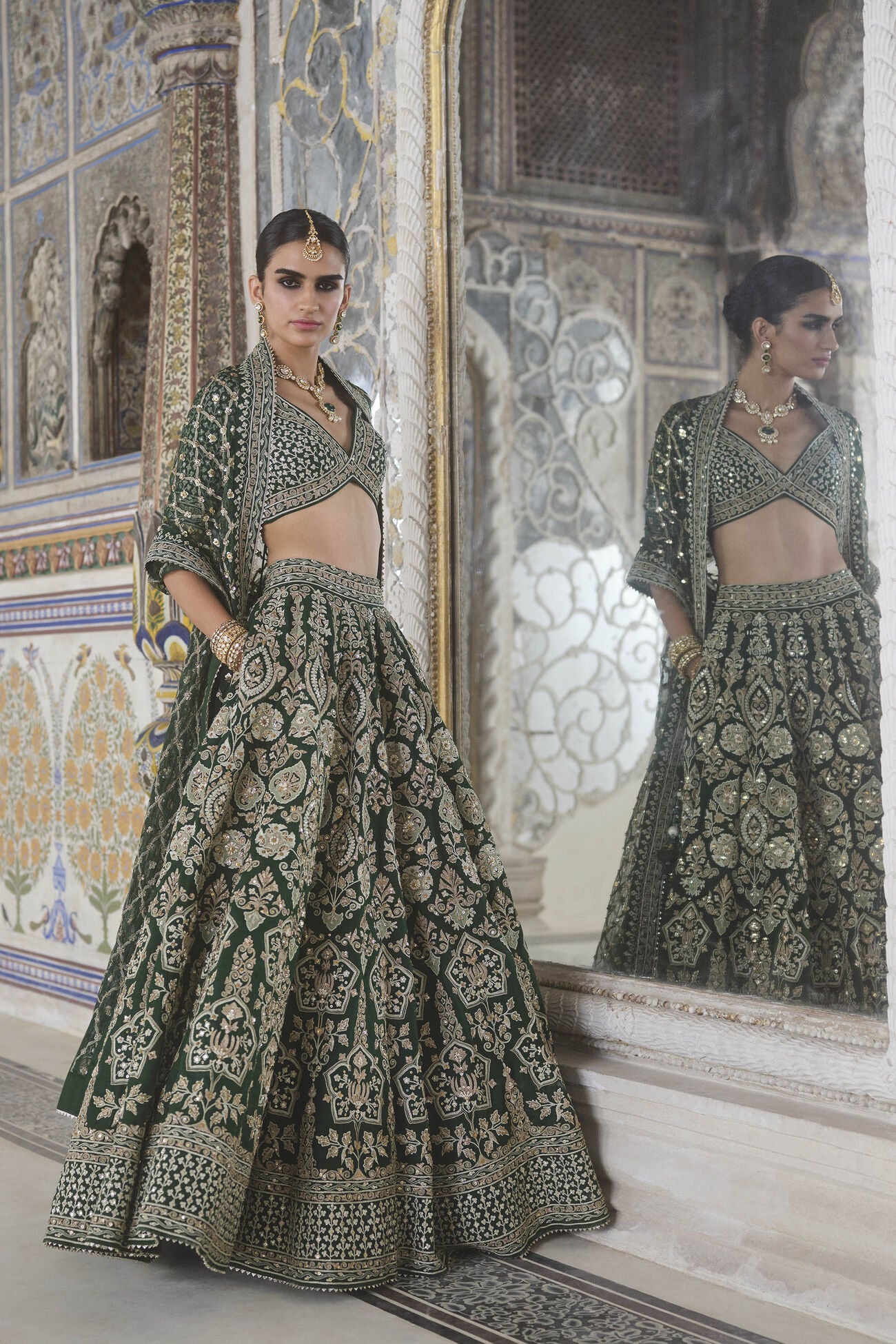 Sylvan Embroidered Zardozi Silk Lehenga Set - Green