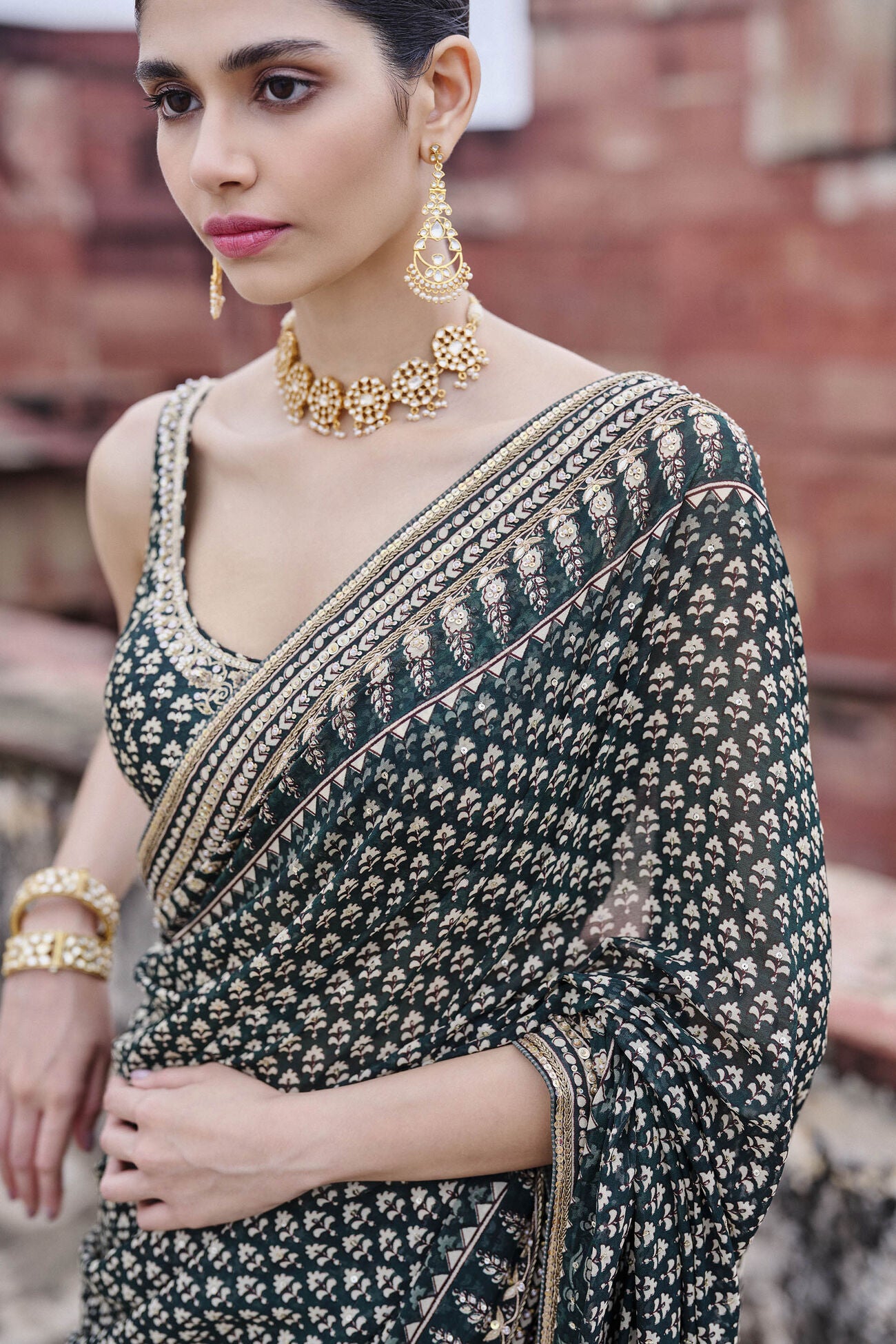 Abjini Printed Georgette Saree - Green