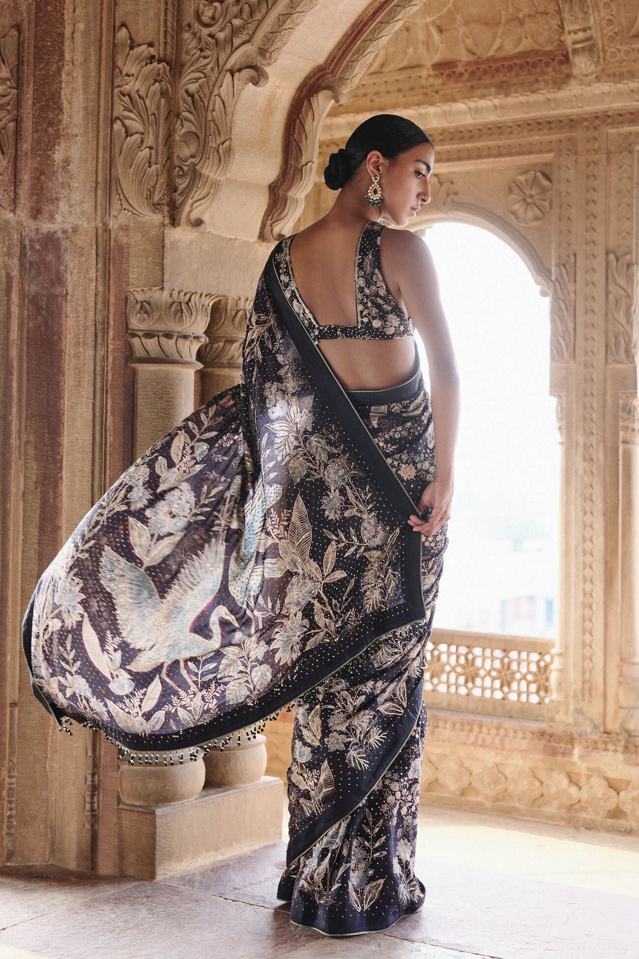 Izar Printed Sequin Saree - Black