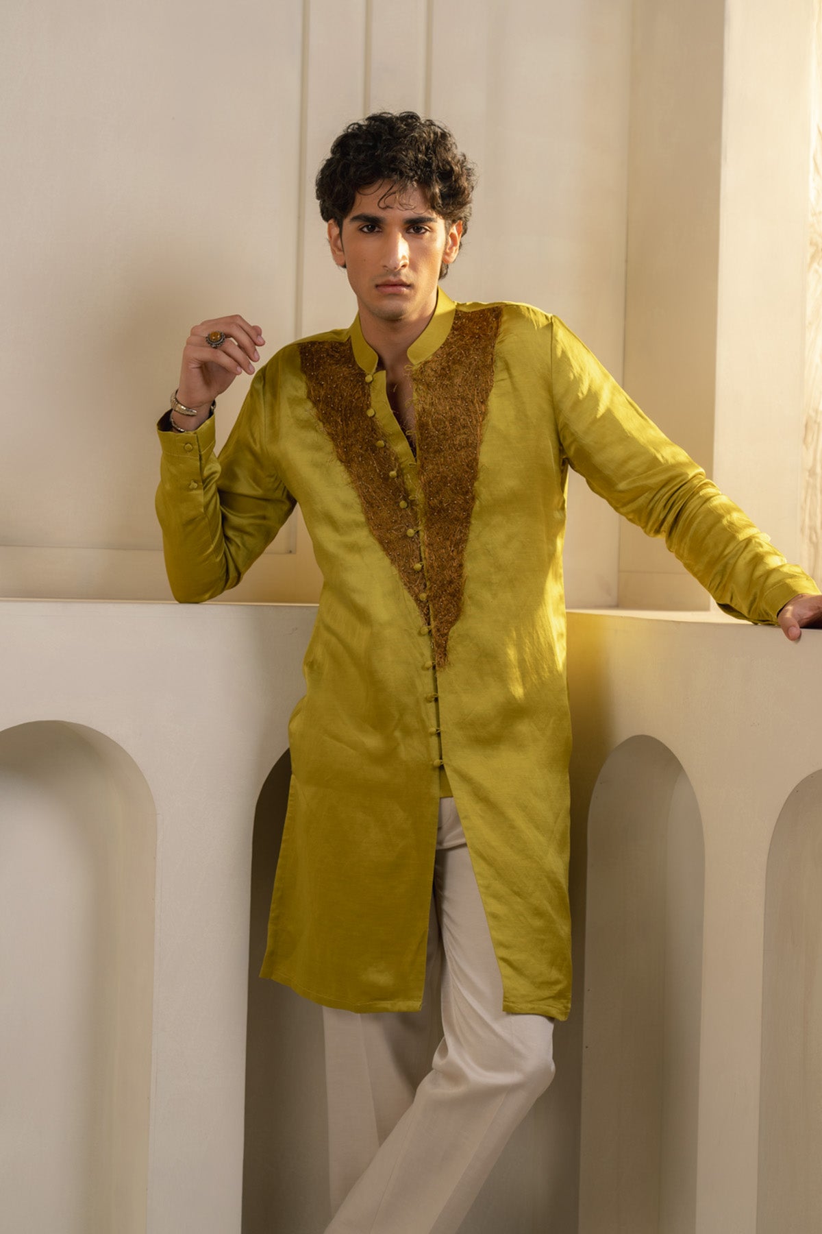 Gold Moss Linen Silk Kurta Set