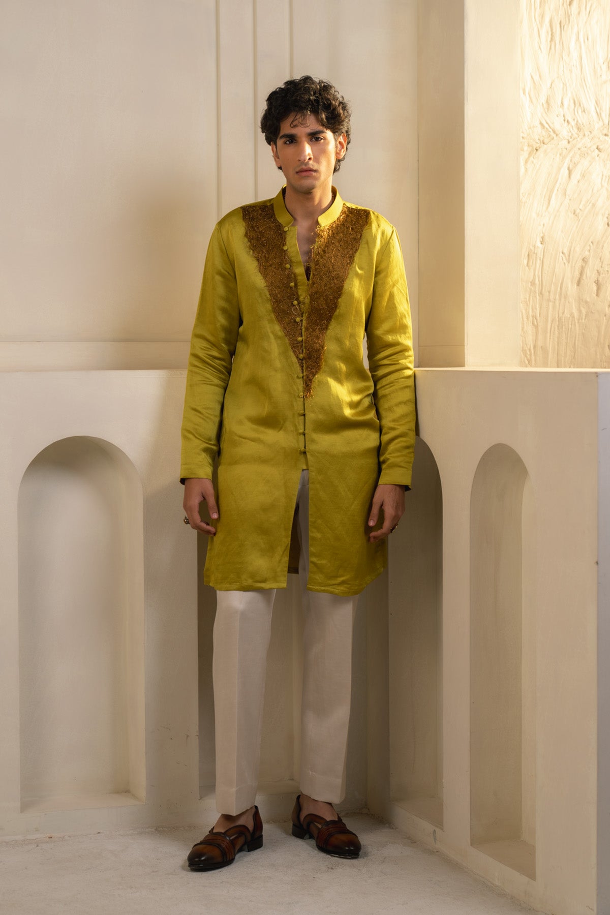 Gold Moss Linen Silk Kurta Set