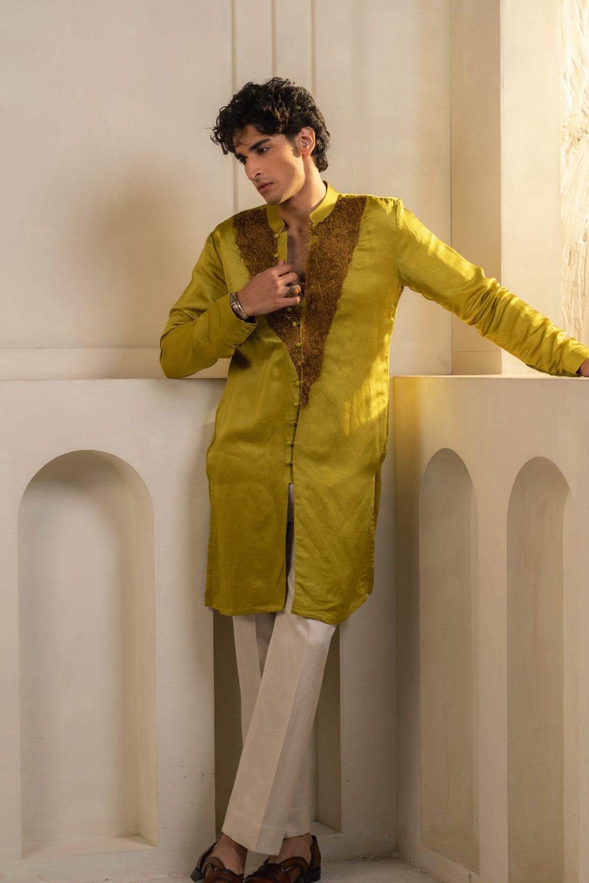 Gold Moss Linen Silk Kurta Set