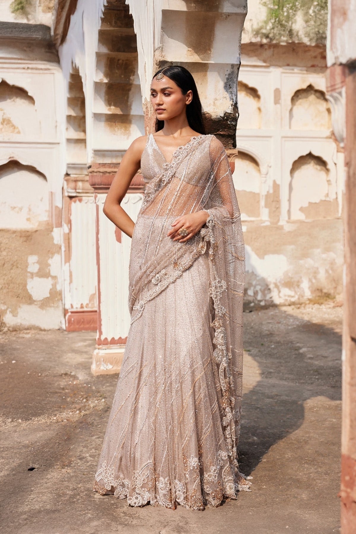 "Hecate" Dusty Ivory Shimmer Tulle Bridal Lehenga Sari