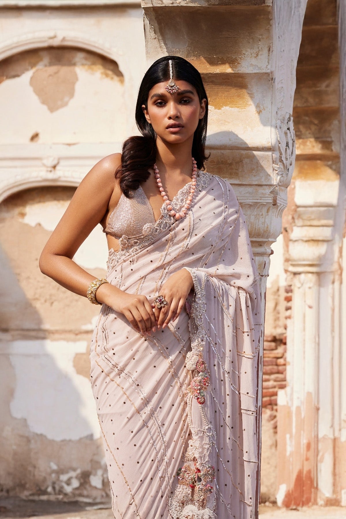 "Ilithya" Dusty Ivory Mukaish Sari