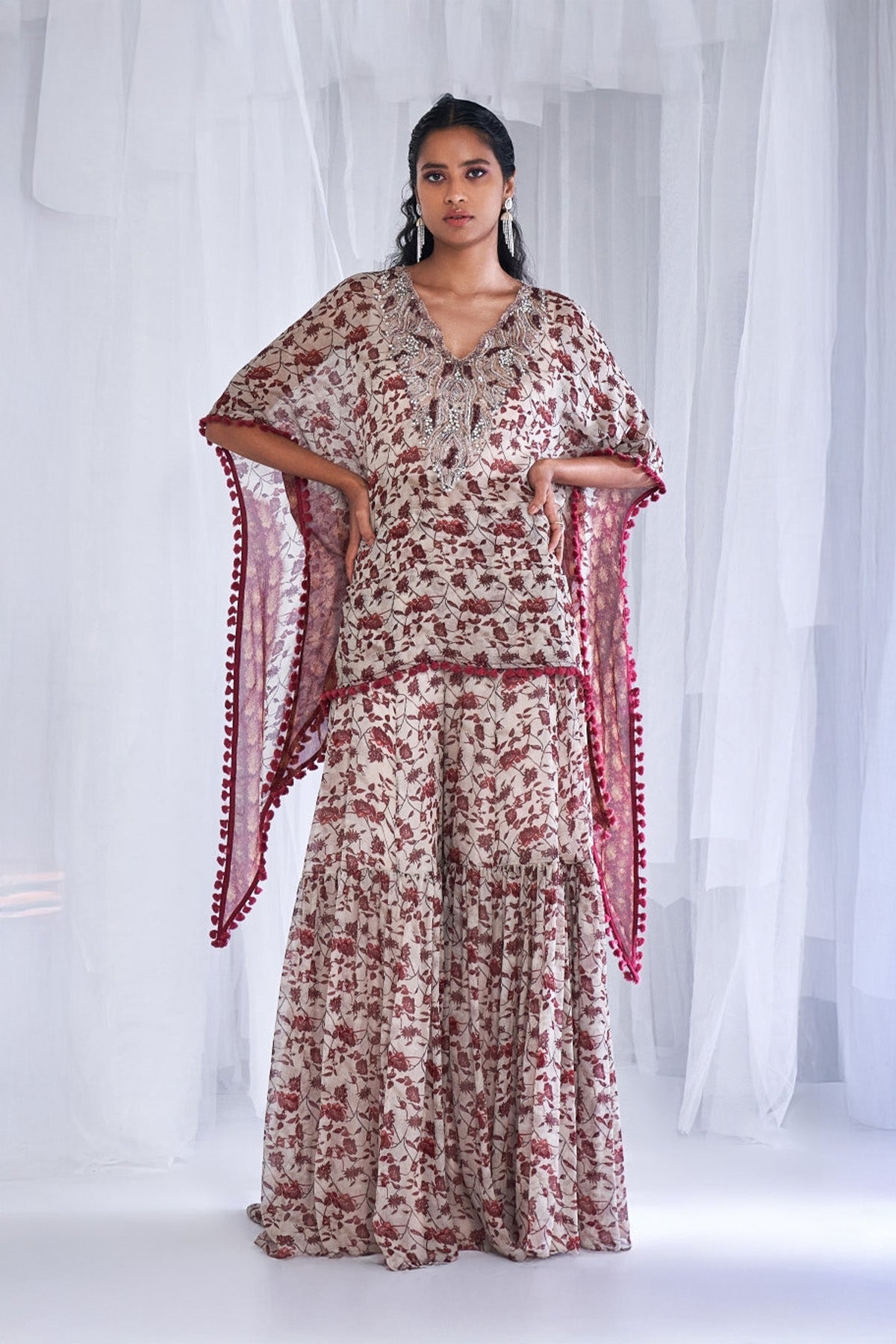 "Leela" Printed Chiffon Short Kaftan With Sharara