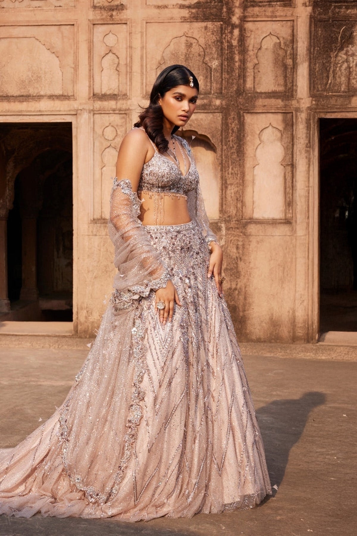 "Phaenna" Silver Shimmer Tulle Embroidered Lehenga