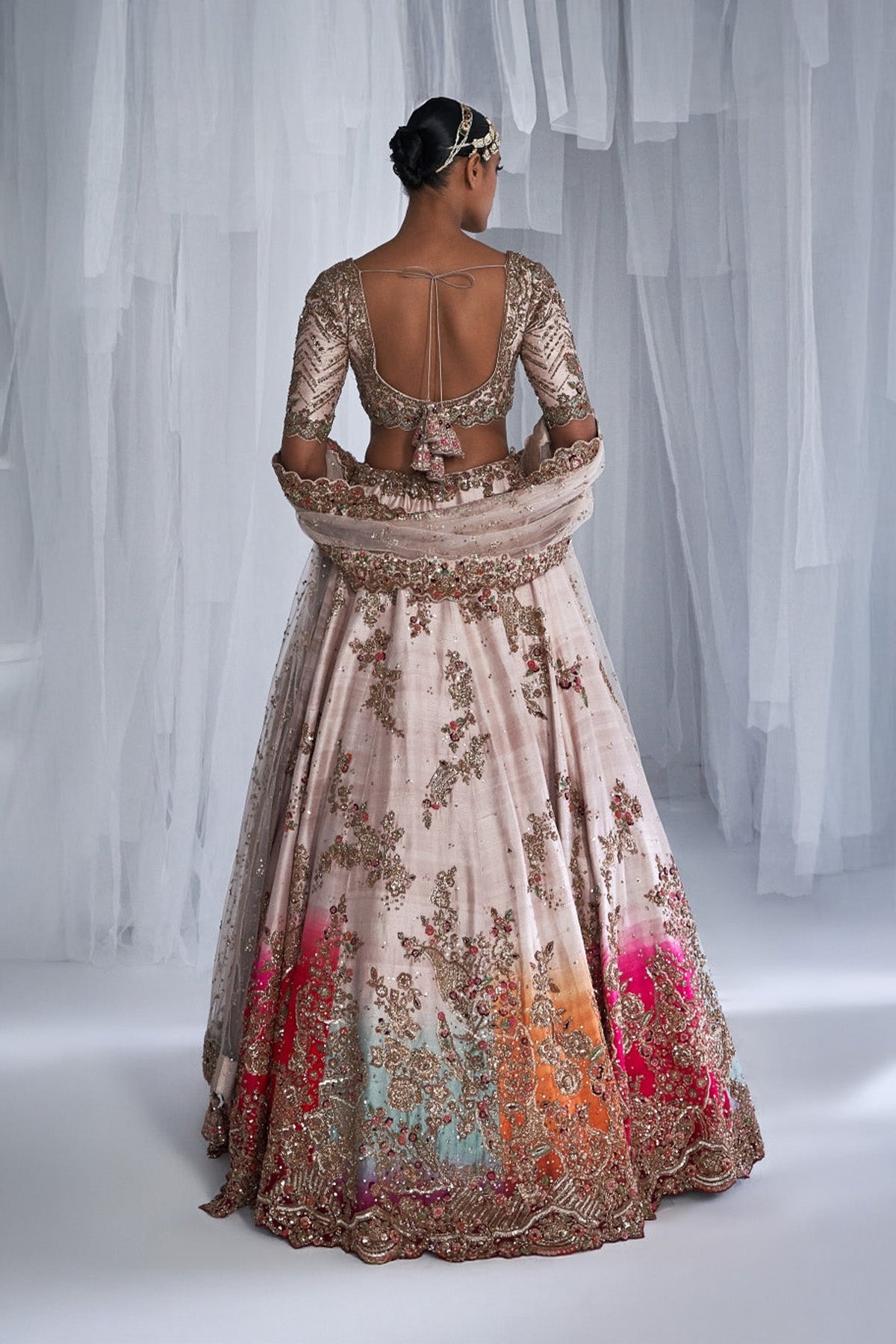 "Jasmine" Beige Ombre Raw Silk Bridal Lehenga Set