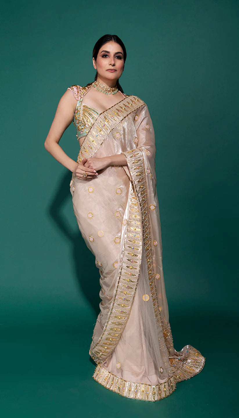 CRYSTAL CASCADE- IVORY ORGANZA SAREE