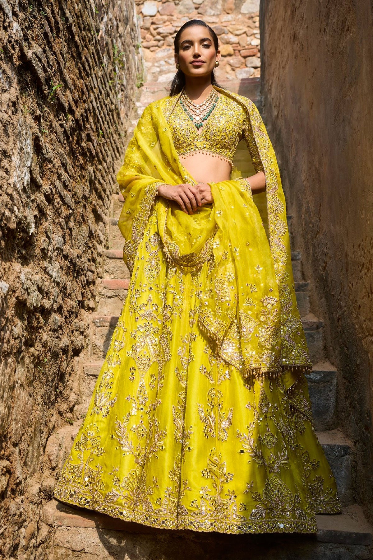 Lime Yellow Organza Lehenga  Set