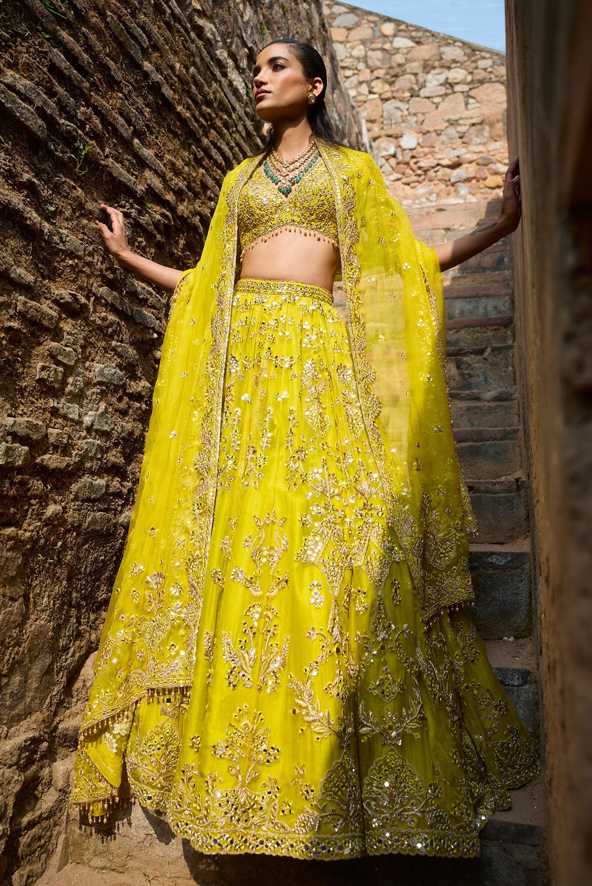 Lime Yellow Organza Lehenga  Set
