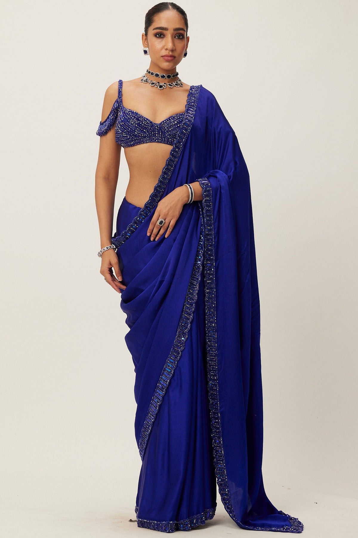Cocktail Blue Satin Sari Set