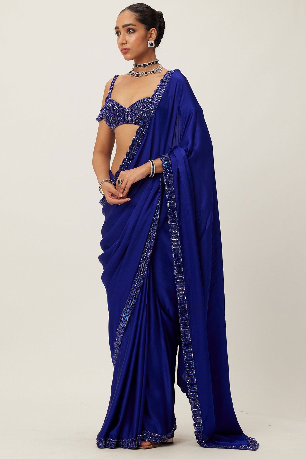 Cocktail Blue Satin Sari Set