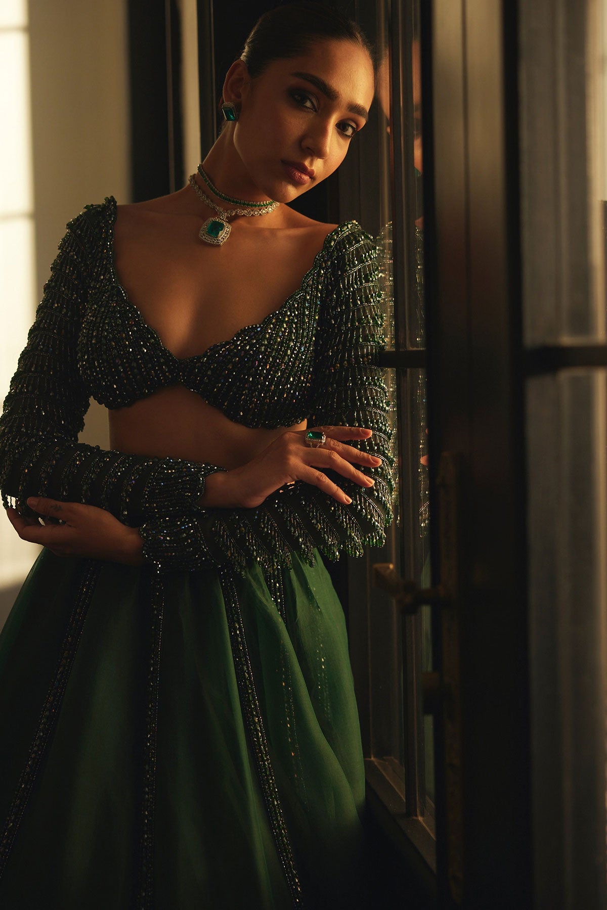 Dark Jade Green Organza Lehenga Set