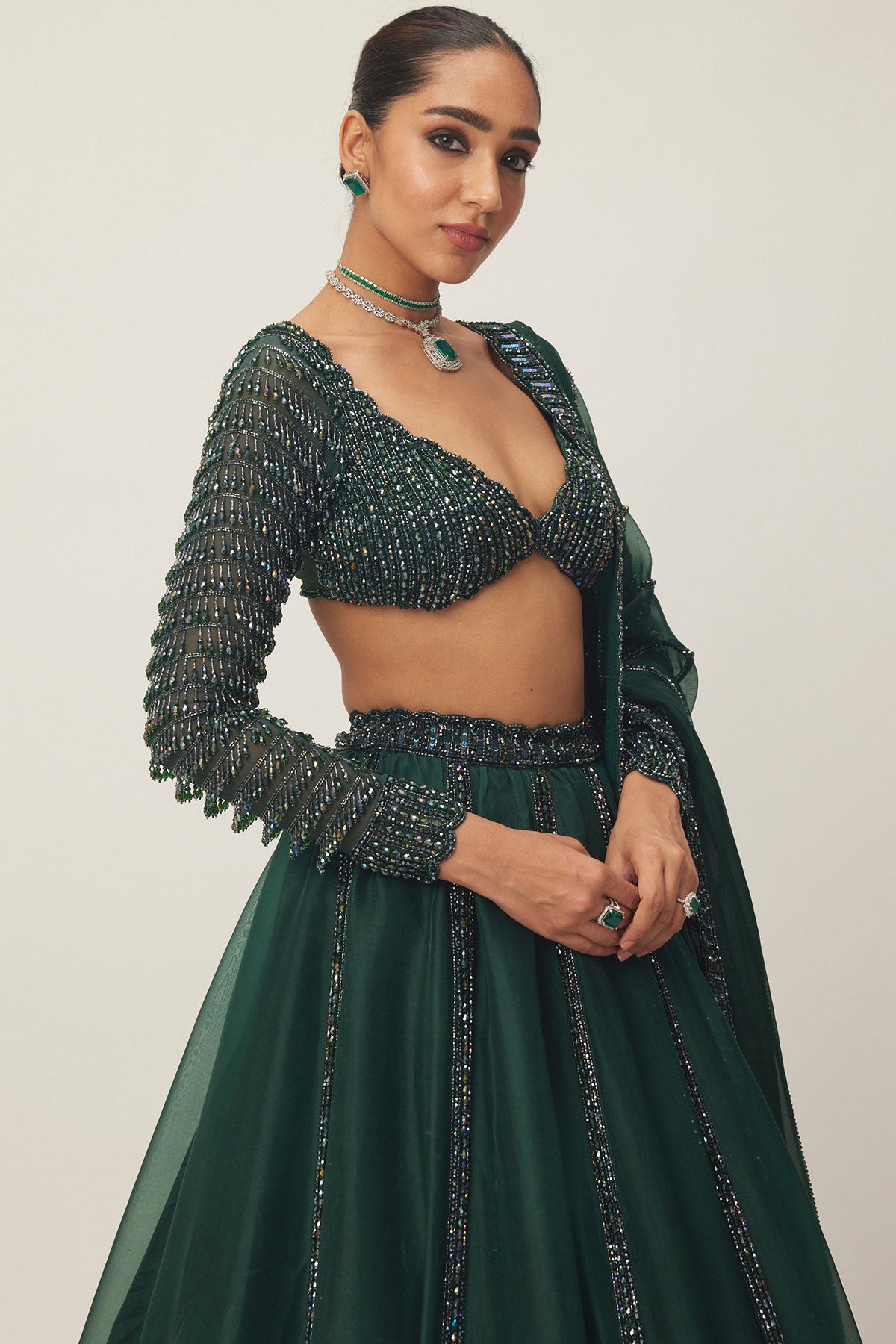 Dark Jade Green Organza Lehenga Set