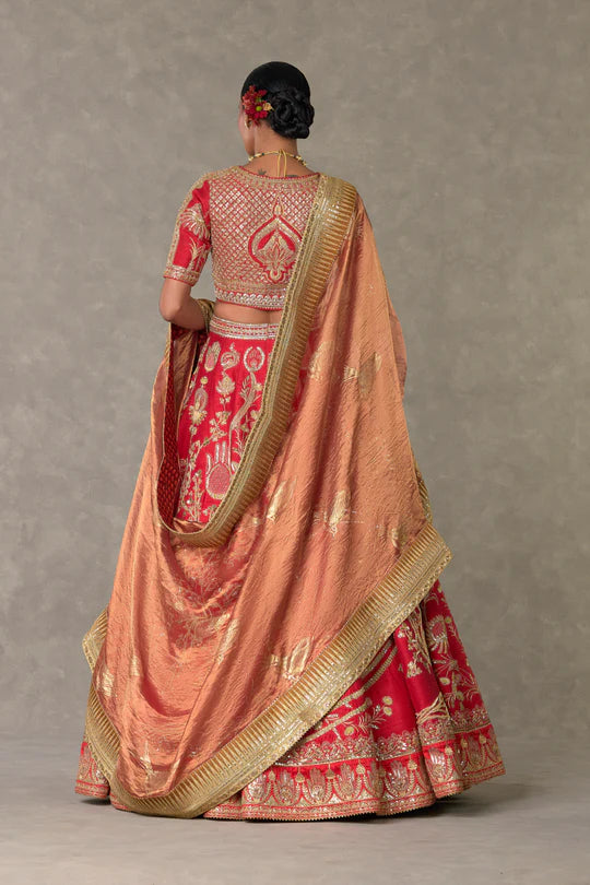 Red Bagh-E-Bahar Lehenga Without Trail & One Dupatta
