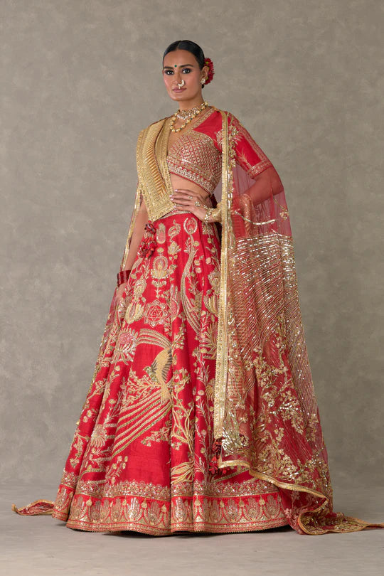 Red Bagh-E-Bahar Lehenga Without Trail & One Dupatta