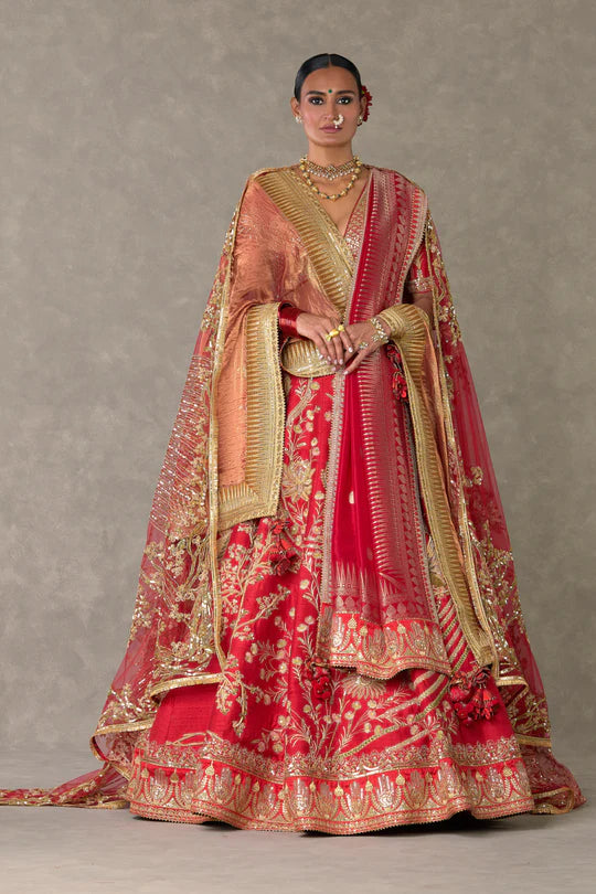 Red Bagh-E-Bahar Lehenga Without Trail & One Dupatta