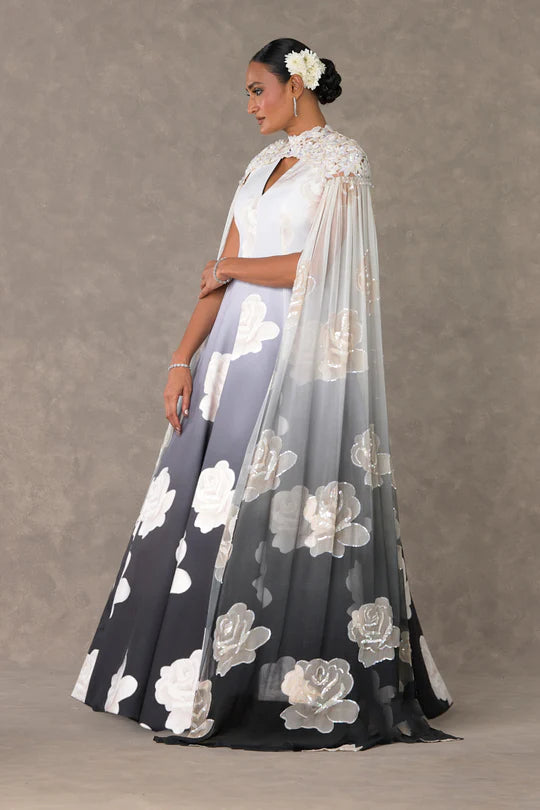 Monochrome Gulaab Gown Set With Cape