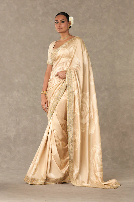 Beige pearl embellished sari and blouse  Organza saree, Saree, Full sleeve  blouse