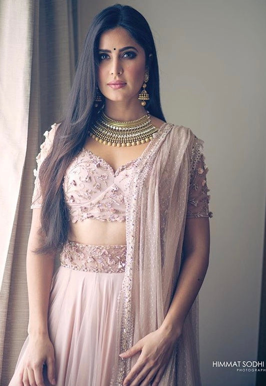 Katrina Kaif in Nude Sheer Back Blouse Lehenga Set