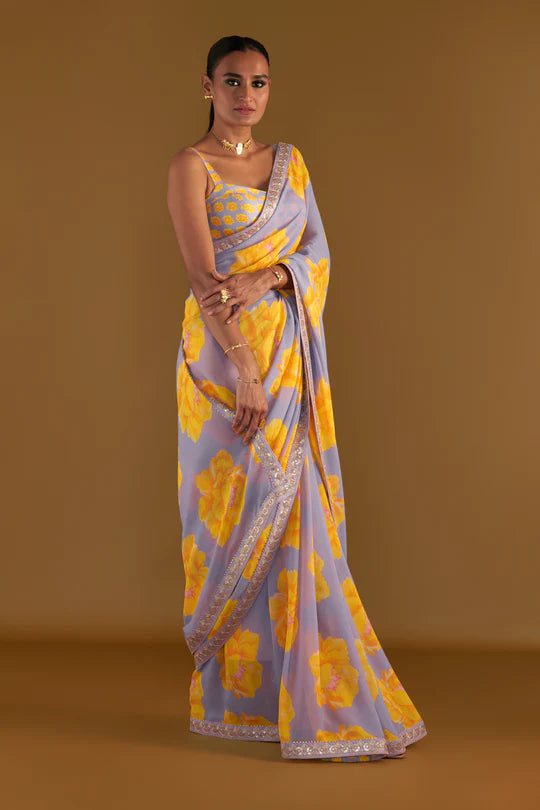 Lilac Sunshine Mimosas Saree w/Stitched Blouse - Ready To Ship