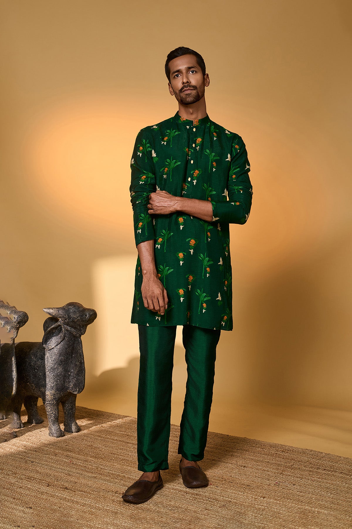 Bottle Green Tropical Kurta Set
