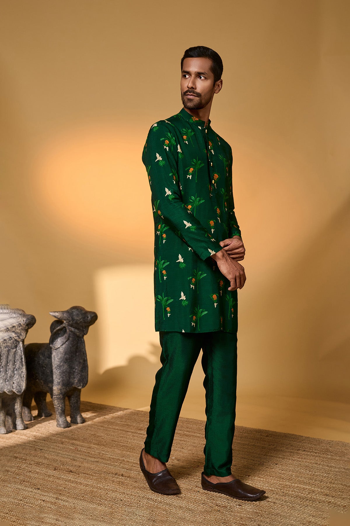 Bottle Green Tropical Kurta Set