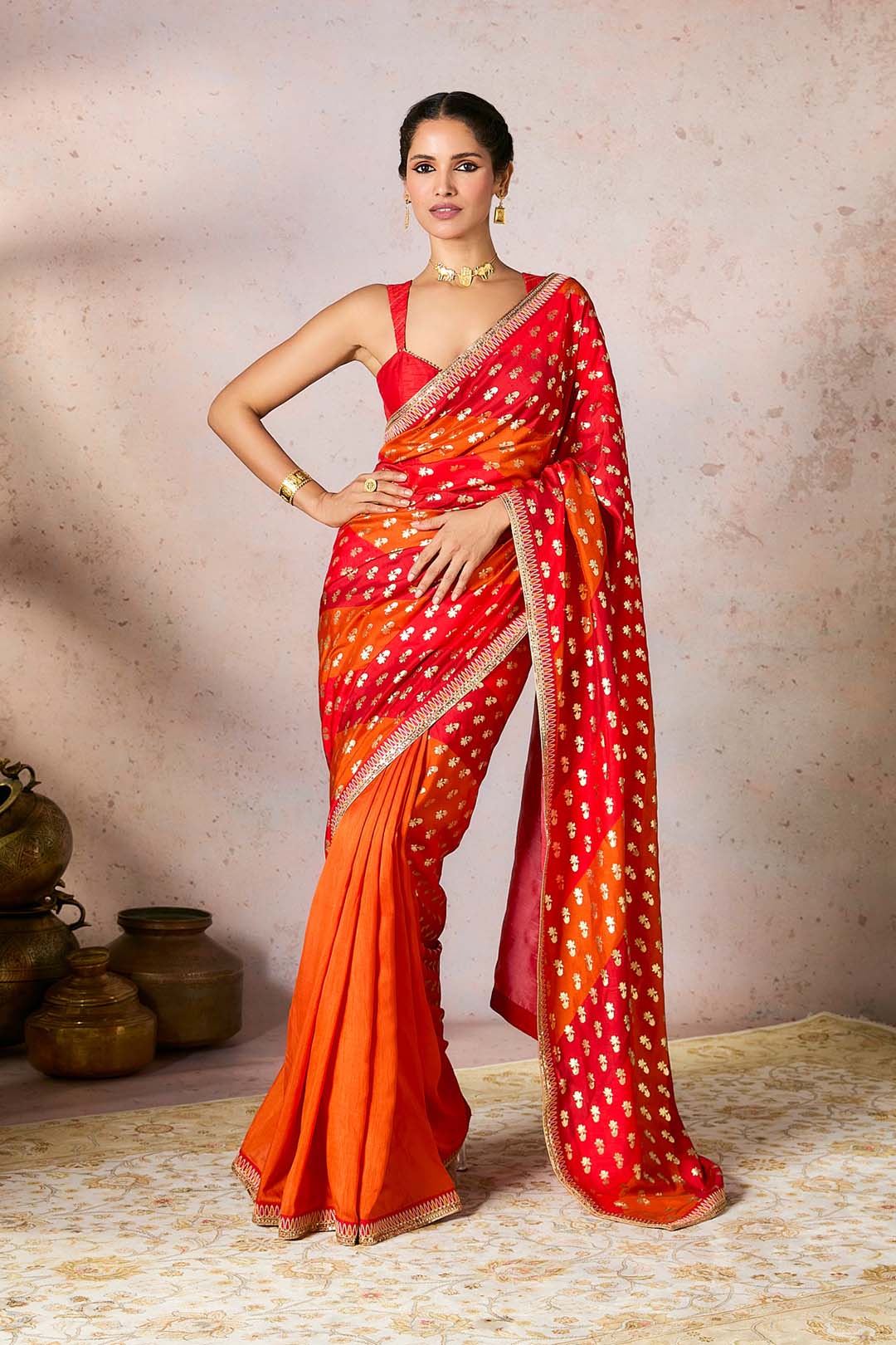 Rust Stripe Foil Saree
