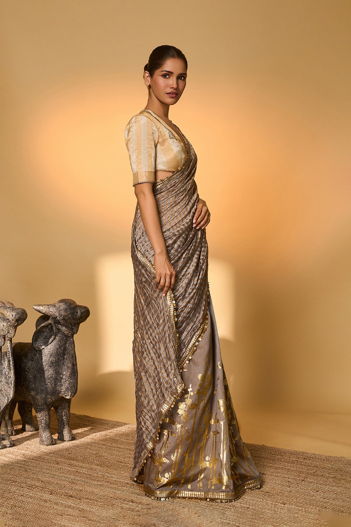 Grey Moonfield Zari Stripes Saree