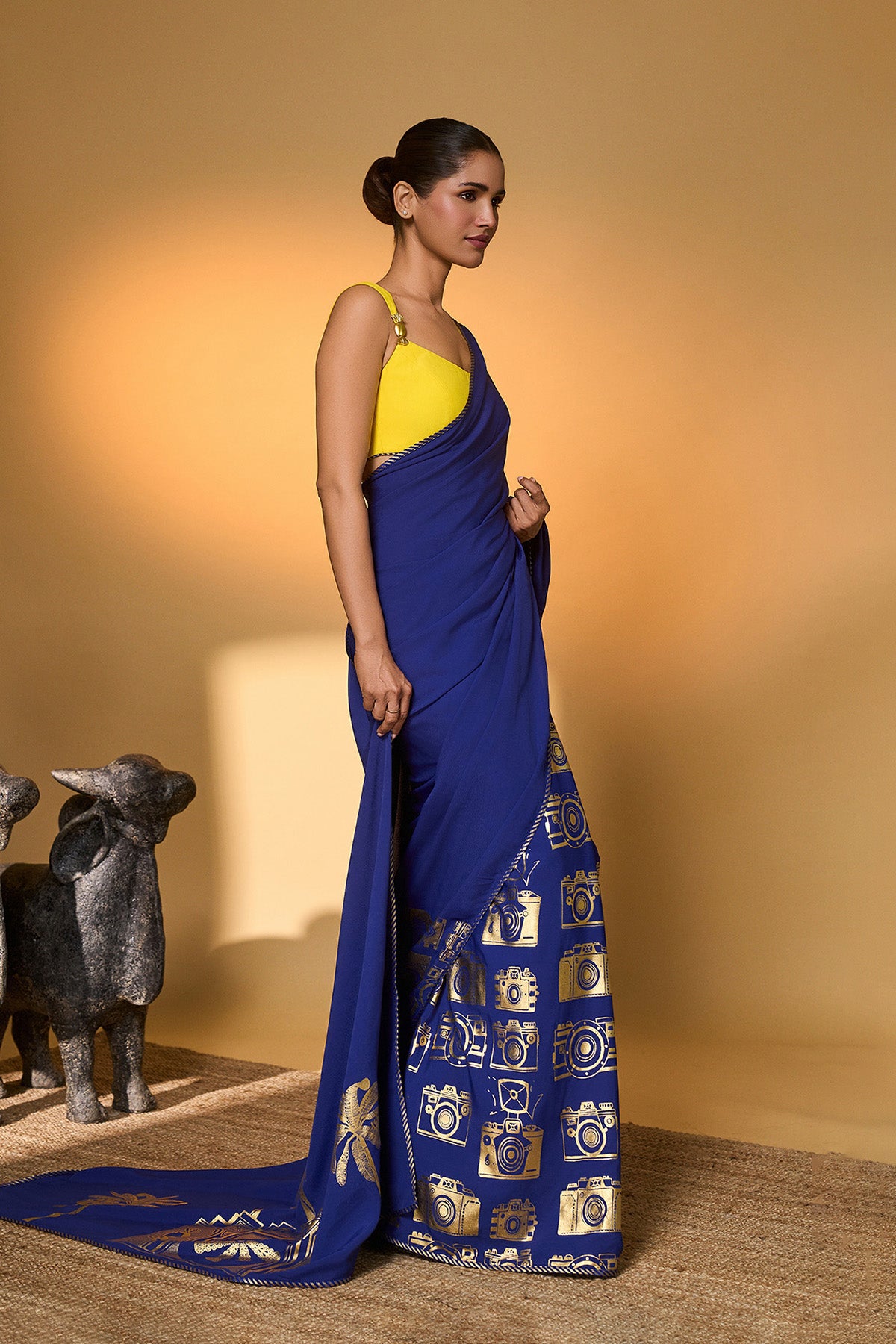 Electric Blue Tropical Camera Saree