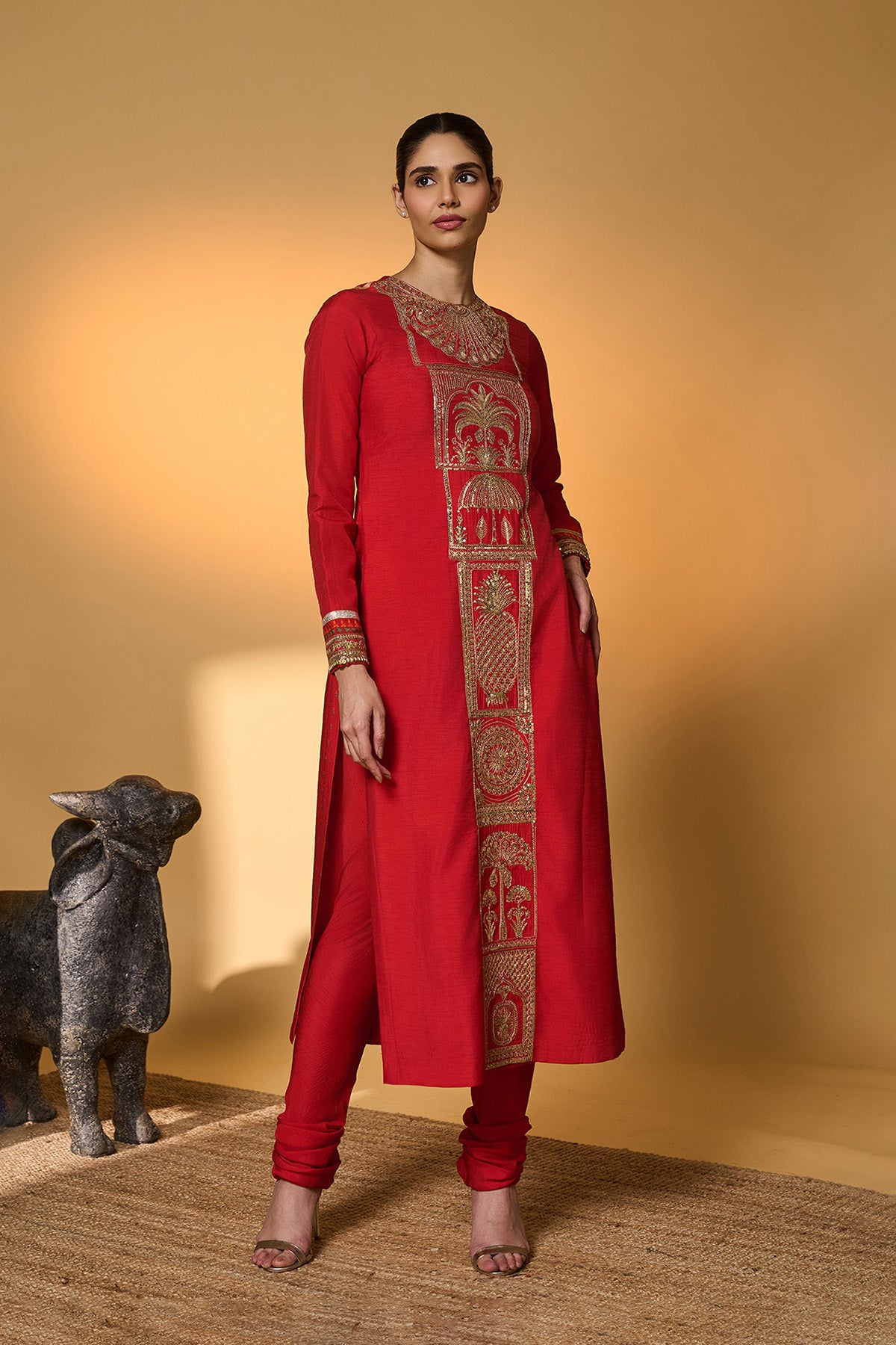 Red Khidki Kurta Set
