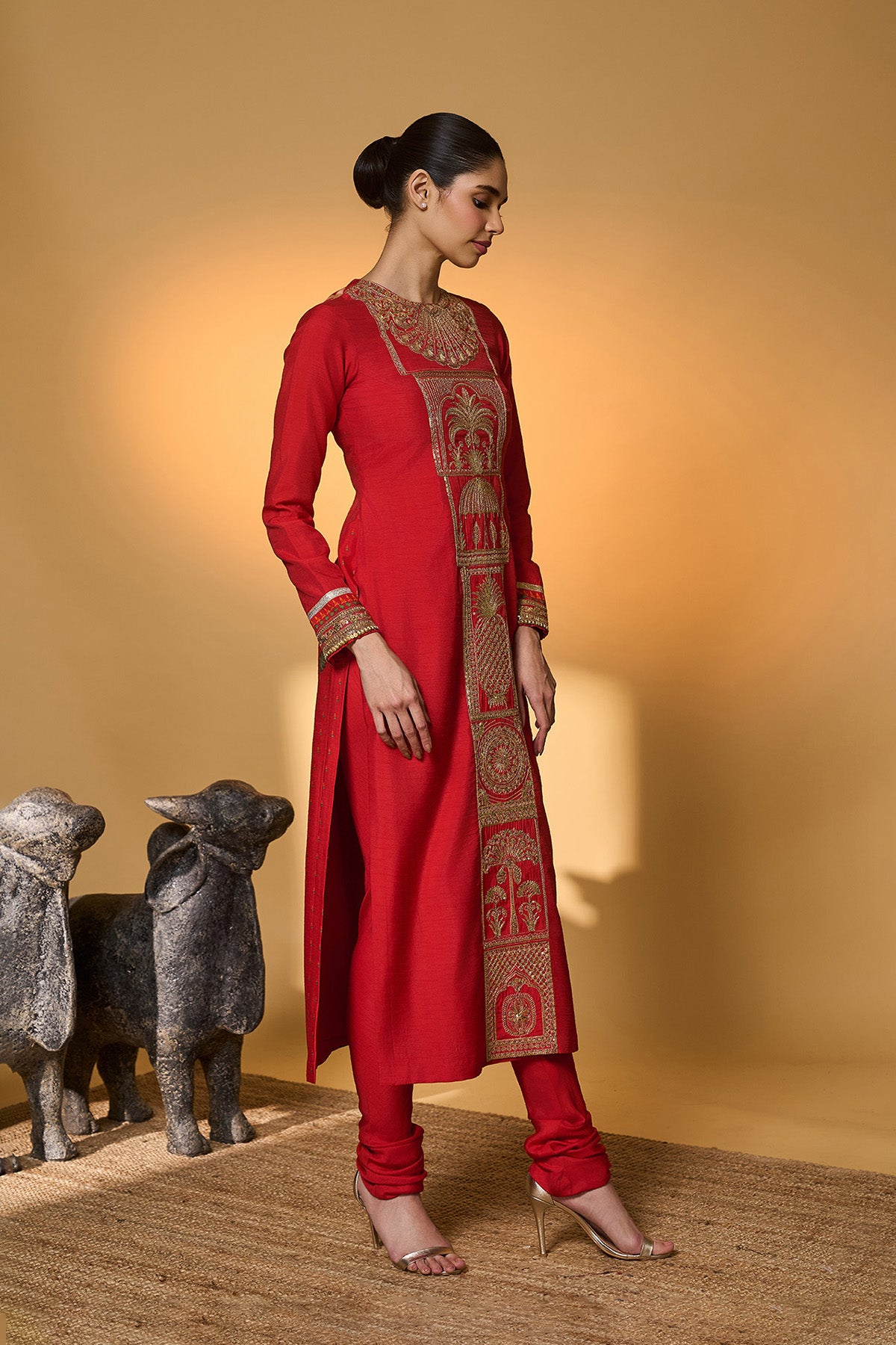 Red Khidki Kurta Set