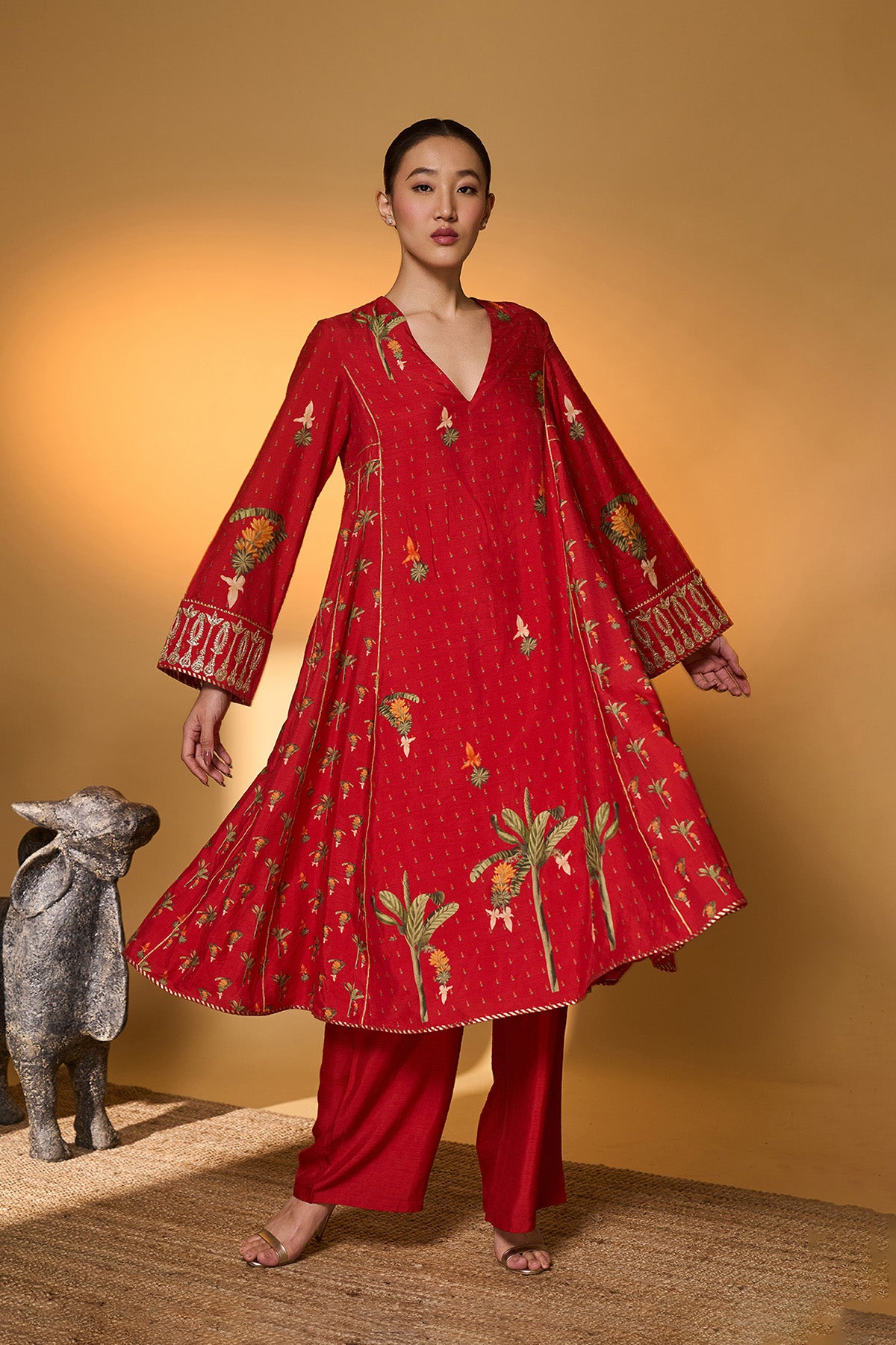 Red Tropical Anarkali Set