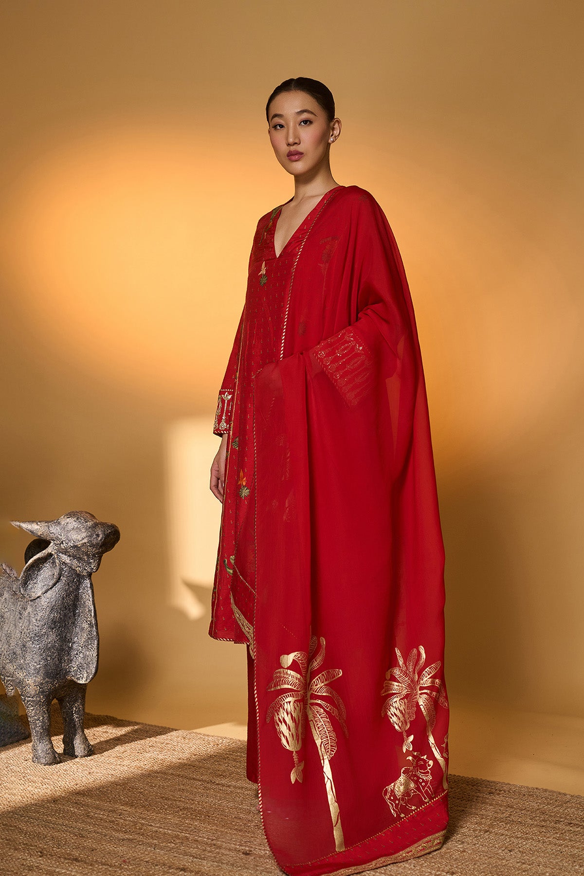 Red Tropical Anarkali Set