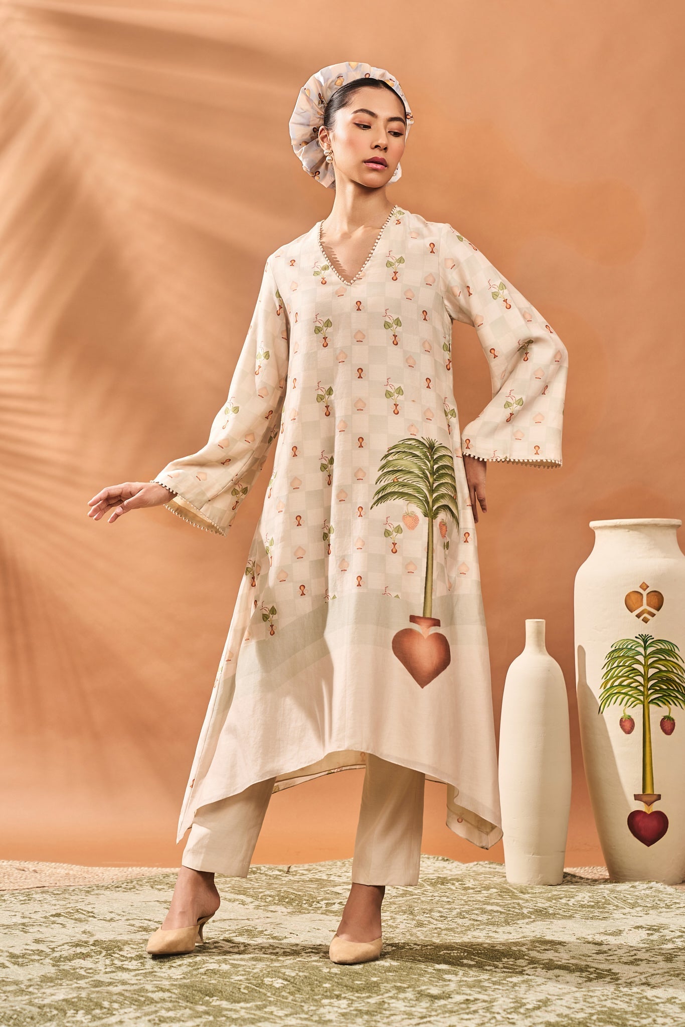 IVORY CHECKERS BLOOM KURTA SET