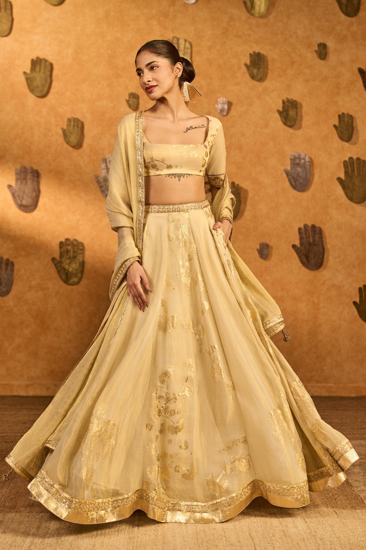 Gold Ivory Sakura Tissue Lehenga Set