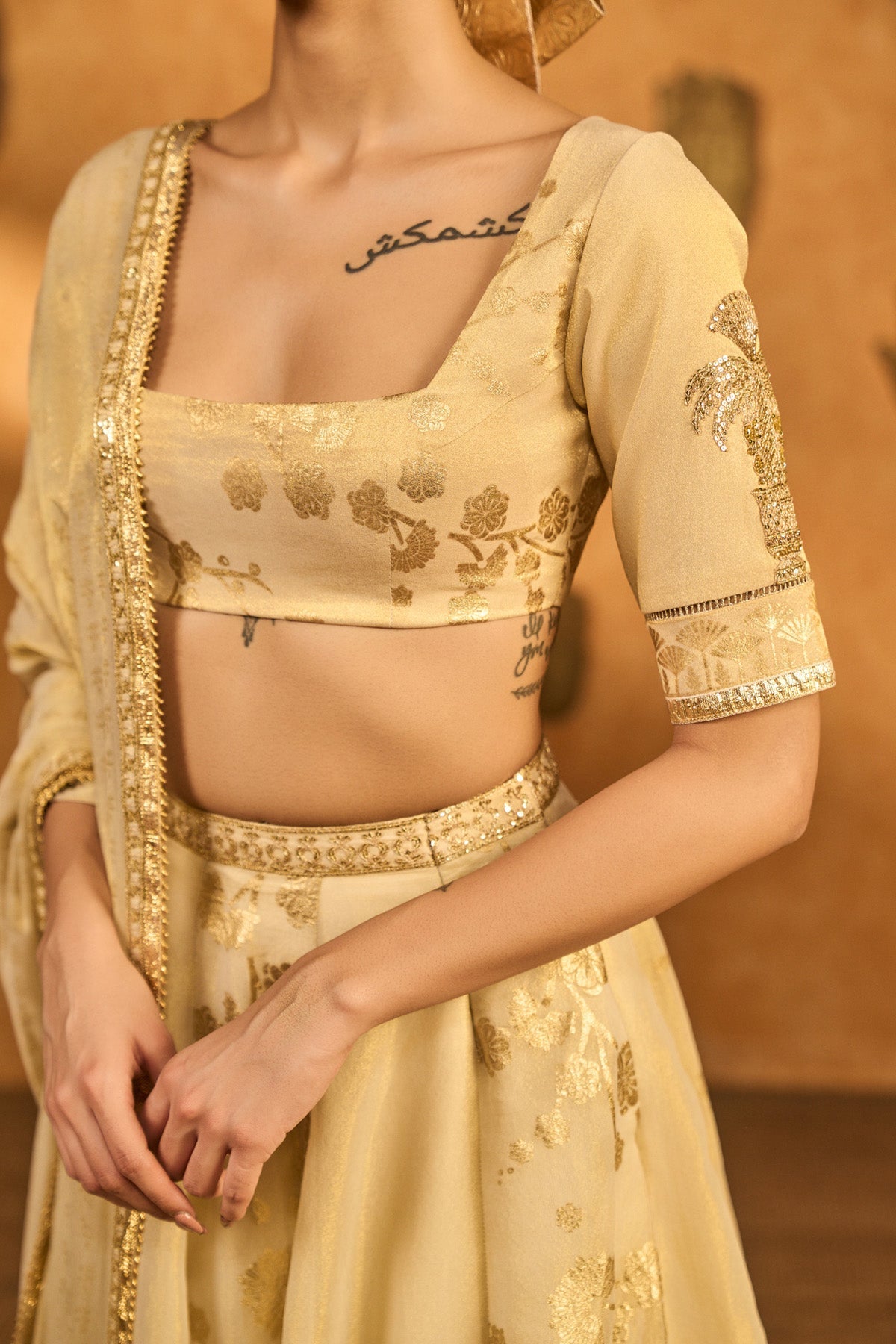 Gold Ivory Sakura Tissue Lehenga Set
